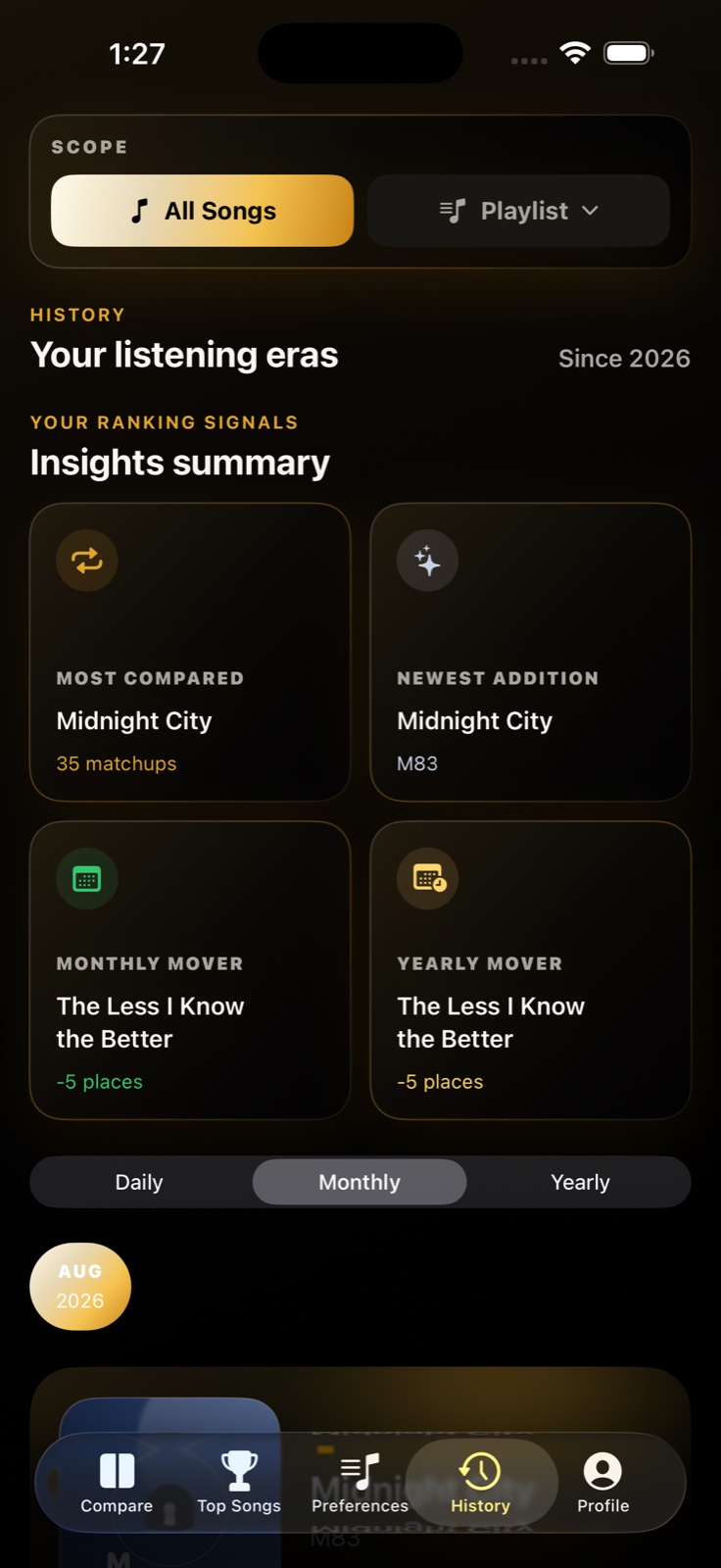 SongDuel listening history and insights screen